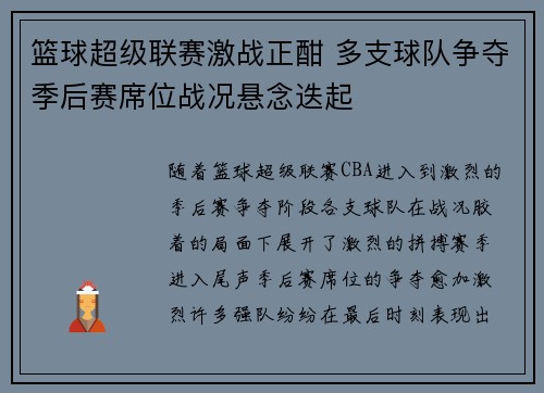 篮球超级联赛激战正酣 多支球队争夺季后赛席位战况悬念迭起